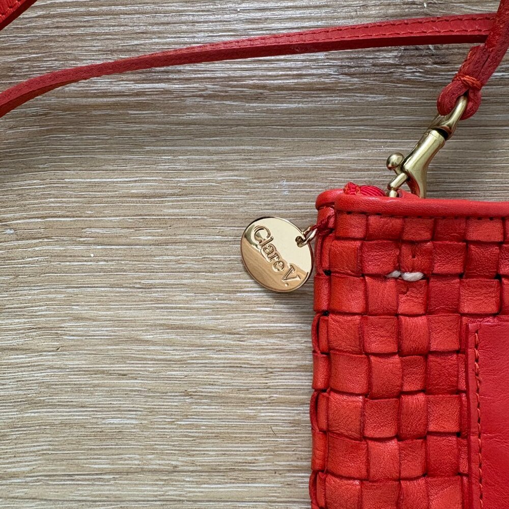 Clare V. Poche Crossbody Bag Bright Poppy Red Woven Leather Phone Pouch - Picture 2 of 4